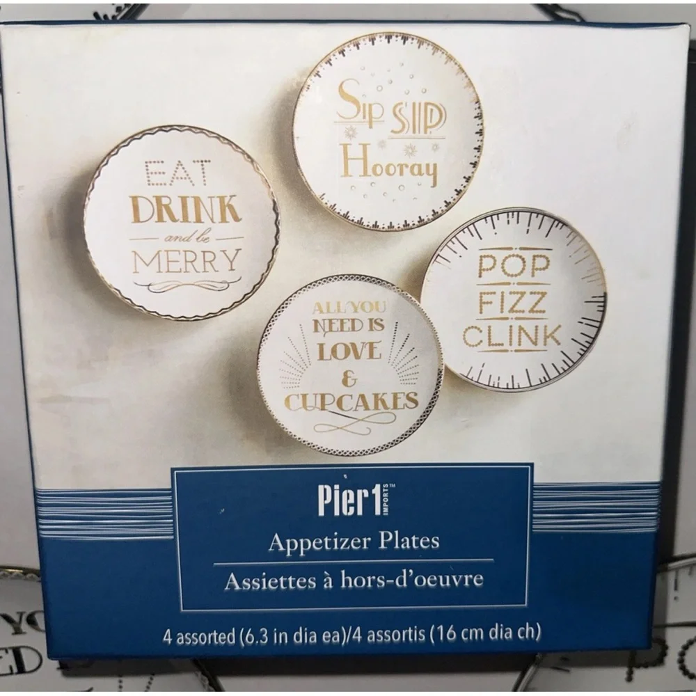 Pier 1 NEW Boxed Set of 4 Appetizer Plates CELEBRATION 6.25